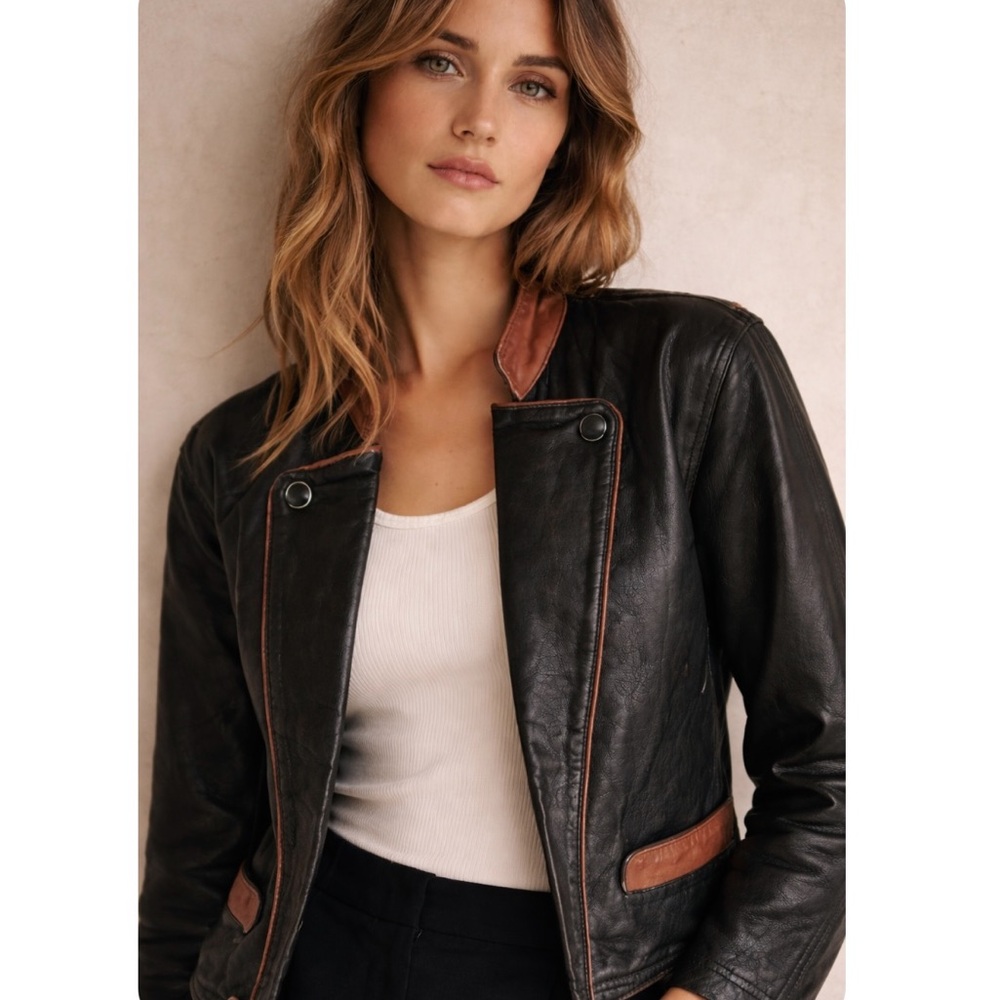 Vintage Butter Soft Black Leather Moto Jacket Brown Trim Quiet Luxury Minimalist - Picture 3 of 16
